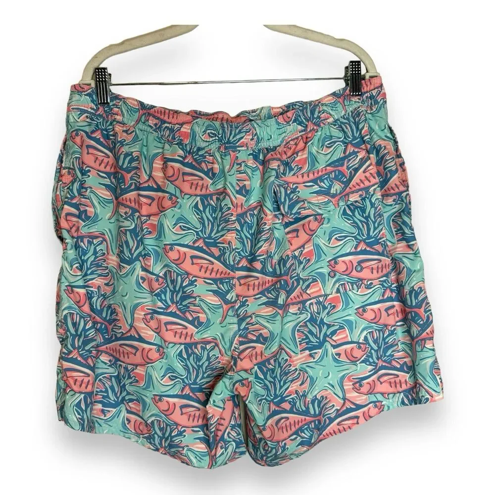 Vineyard Vines Swim Trunks Mens XL Blue Pink Fish Starfish All Over‎ Print